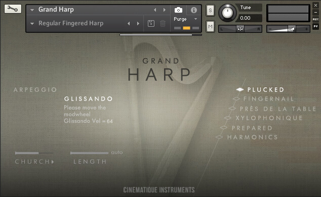 Cinematique Instruments「Grand Harp」の操作画面