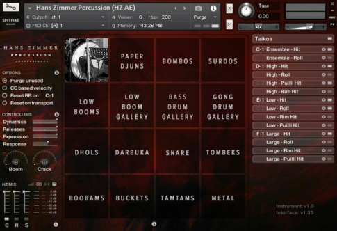 SPITFIRE AUDIO HANS ZIMMER PERCUSSIONのインターフェース