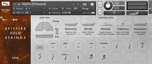 SPITFIRE AUDIO「SPITFIRE SOLO STRINGS」の操作画面