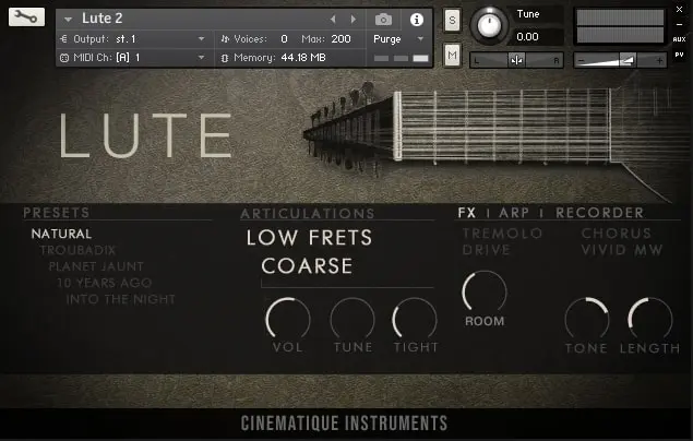 Cinematique Instruments「Lute v2」の操作画面
