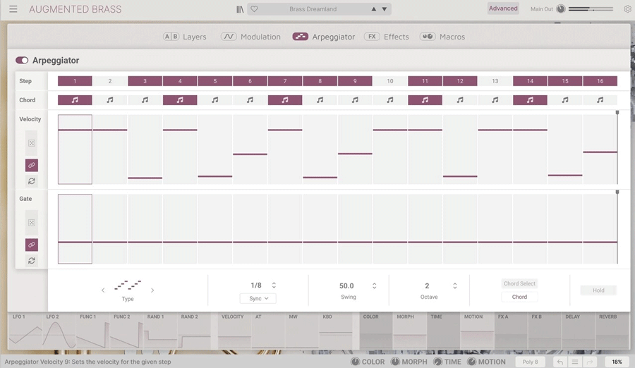 Arturia「Augmented BRASS」のアルペジエーター操作画面