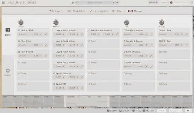 Arturia「Augmented BRASS」のマクロ設定画面